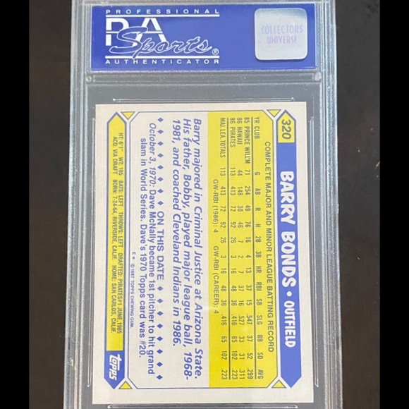 1987 Topps Tiffany Baseball Card - #320 Bary Bonds, PSA 9 (OC) MINT - Picture 2 of 2